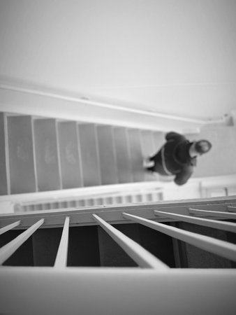 Staircase in modern office building. Black and white photo.の写真素材