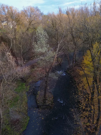 Aerial view of the river in the autumn forest. Nature background. Aerial view of the small river in...