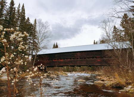 A wooden covered bridge over a stream in the middle of a forest, Quebec, Canada.