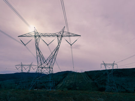 High power pylons and natural landscape at sunset. Energy industryの写真素材