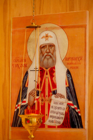 An icon of a saint in a Russian Orthodox church.
