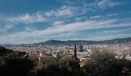 Panoramic view of Barcelona from Montjuic hill. Panoramic aerial view of the city of Barcelona in...