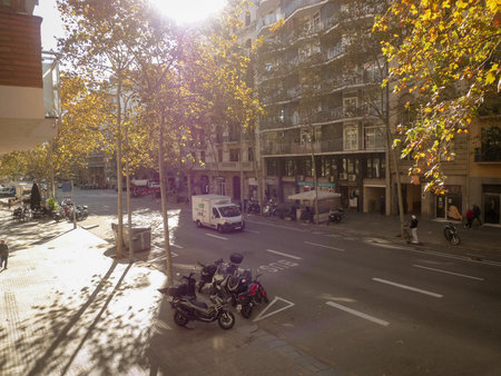 Street view of Barcelona, Spain. Unidentified people walking on street in Barcelona, Spain. People on the streets of Barcelona, Spain.のeditorial素材
