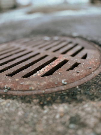 rusty manhole cover on the street, closeup of photoの写真素材
