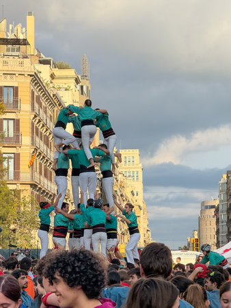 Barcelona, ââââSpain. The Castells of Barcelona. Human towers erected in the cities of Catalonia.のeditorial素材