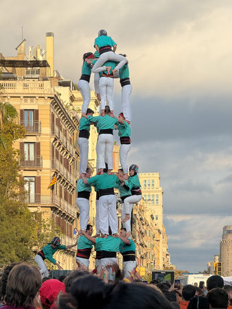 Barcelona, ââââSpain. The Castells of Barcelona. Human towers erected in the cities of Catalonia.のeditorial素材