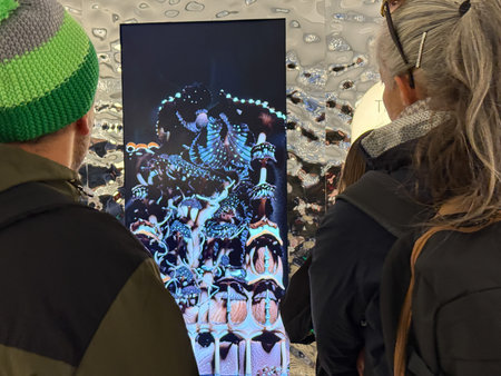 Barcelona, Spain. A digital visual installation in Barcelona. Casa Batllo by Antoni Gaudi.