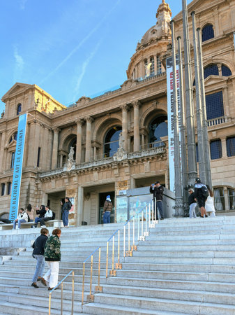 The facade of the National Art Museum of Catalonia in Barcelonaのeditorial素材