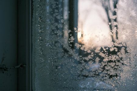 Frosty patterns on the window glass at sunrise. Winter landscape. The window is covered with ice and snow. Winter in Quebec, Canada.の写真素材