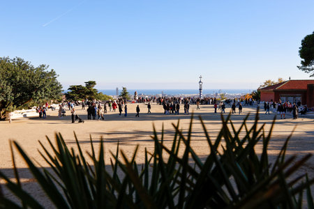 People visit Park Guell in Barcelona, Spainのeditorial素材