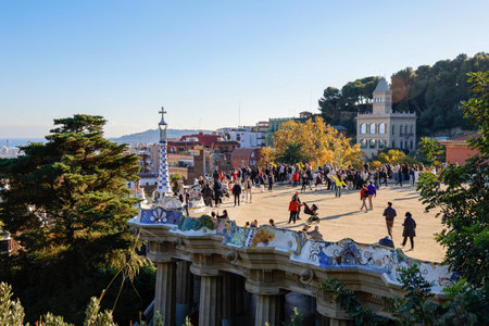 People visit Park Guell in Barcelona, Spainのeditorial素材