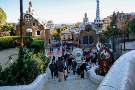People visit Park Guell in Barcelona, Spainのeditorial素材