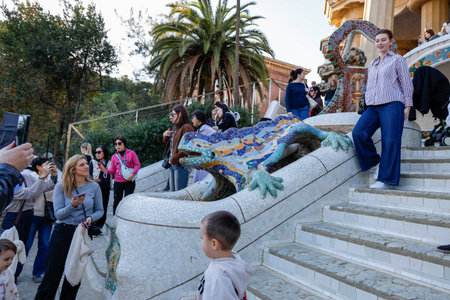 Tourists visiting the famous Park Guell in Barcelona, Spainのeditorial素材