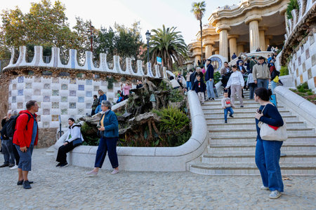 Tourists visiting the famous Park Guell in Barcelona, Spainのeditorial素材