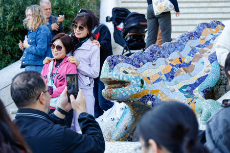 Tourists visiting the famous Park Guell in Barcelona, Spainのeditorial素材