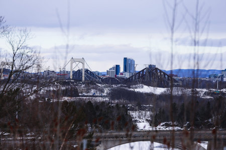 View of the city of Quebec in winter. Quebec City Bridge in winter.の写真素材