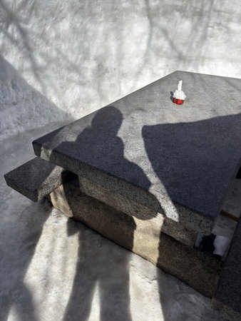 Shadow of a man on a granite picnic table outside in winter.