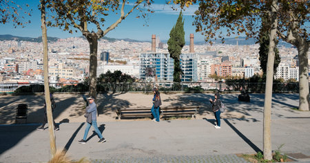 Panoramic view of Barcelona from Montjuic hill. Panoramic aerial view of the city of Barcelona in...