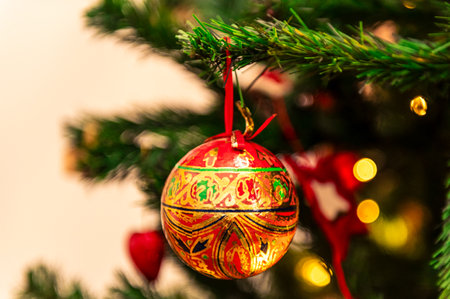 Christmas decoration on the christmas tree with bokeh background.の写真素材