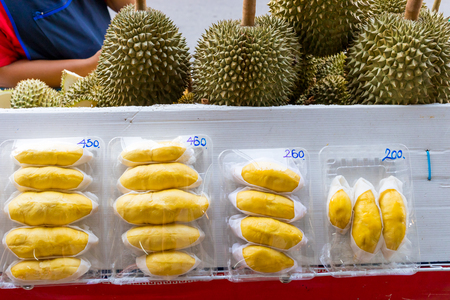 Fresh peeled durian for sale at the market in thailand.の写真素材