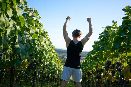 Happy sportsman rising his arms after running the vineyard from behind.の写真素材