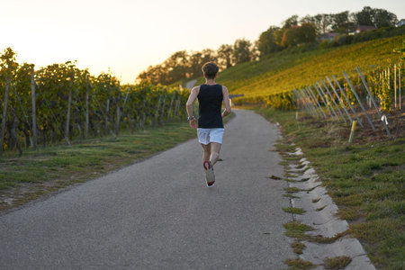 Back of runner between grapevines in sunset.