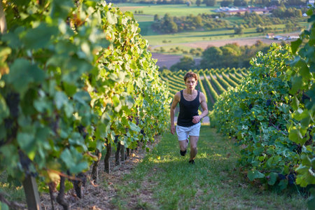 Good looking teenager sprinting up vineyards.の写真素材