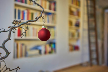 Close up of red christmas ball at a branch in front of unsharp background of bookshelf