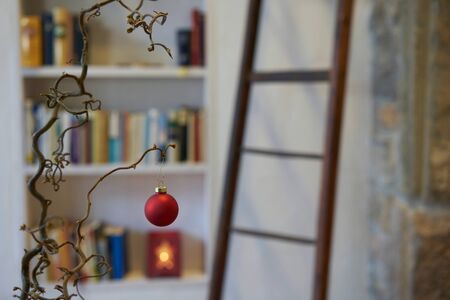 Close up of red christmas ball at a branch in front of unsharp background of bookshelfの写真素材