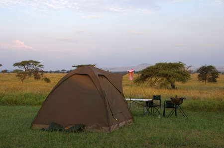 Tourist camp in the Serengeti park in Tanzaniaの写真素材