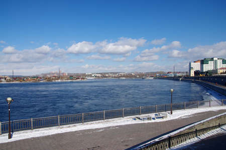 Angara river in winter in Irkutsk in Siberia, Russiaの写真素材