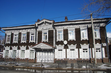 Traditional house in Irkutsk in winter in Siberia, Russiaのeditorial素材