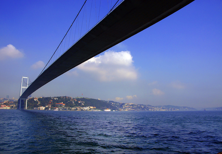 Panoramic view of the first intercontinental bridge of Bosporus in Istanbulの写真素材