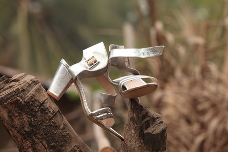 Silver coloured high heel sandals for the bride to use during a traditional wedding in Nigeria, Africaの写真素材