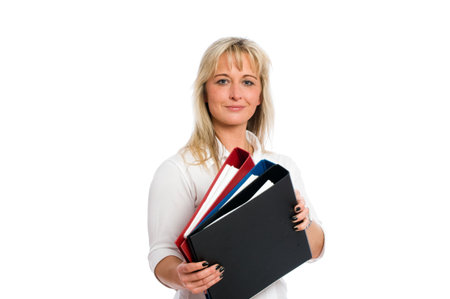 young blond business woman with folders