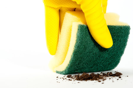 Cleaning sponge with yellow gloves cleanの写真素材