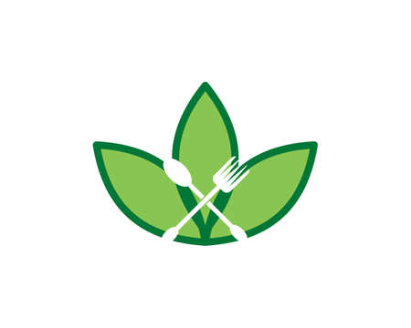 Green leaves with spoon and fork icon.のイラスト素材