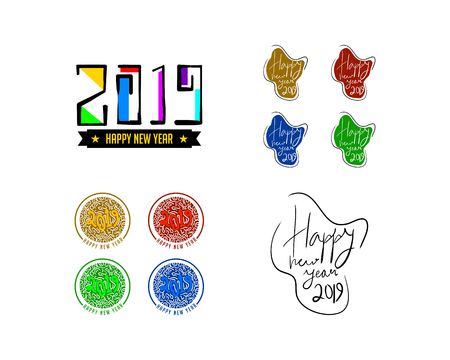 Set of happy new year 2019, hand lettering, vector illustration, decorative design on white background for greeting card, poster conceptのイラスト素材