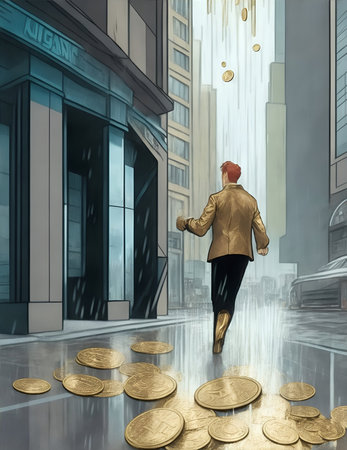 coin raining downtown illustrationの素材