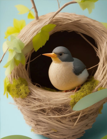 paper straw bird's nest with a bird in it illustrationの素材