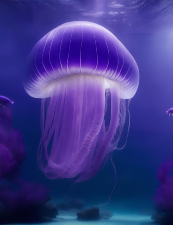 giant purple jellyfish floating in a large aquarium illustrationの素材