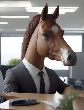 horse head on top of human body in office illustrationの素材