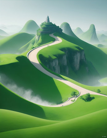 green hills, soft and beautiful landscape illustrationの素材