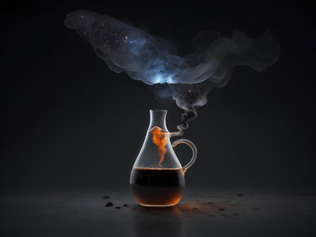beaker with smoke, dark background illustrationの素材