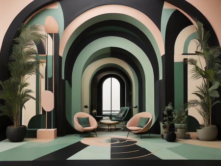 geometric interior design, black and green with minimalist circle shapes, arched door illustrationの素材