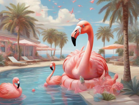 swimming pool or beach scene with flamingo floats, palm trees, holiday colors illustrationの素材