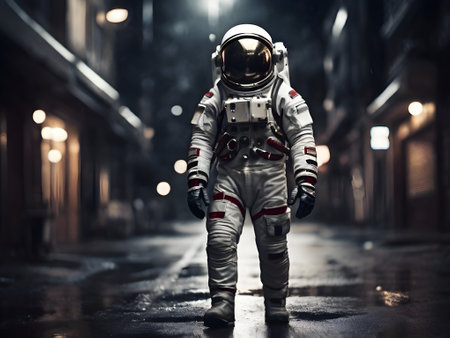 Astronaut walking on the street at night.の素材