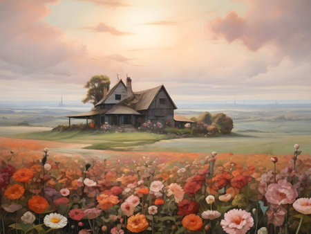Digital painting of a rural house surrounded by poppies at sunsetの素材