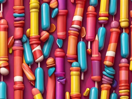 Colorful candy sticks on a pink background. 3d illustration.の素材
