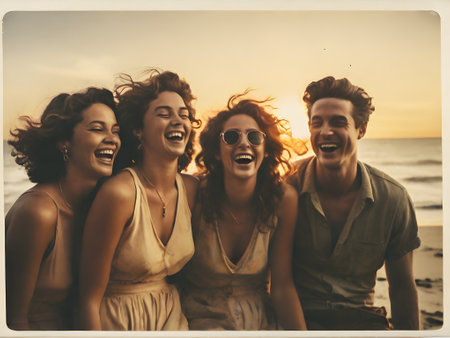 Group of friends having fun on the beach at sunset, Vintage filter.の素材
